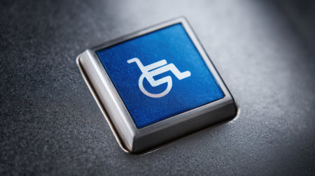 This close-up image showcases a blue accessibility button featuring a wheelchair icon. It represents inclusion and support for individuals with disabilities in various public environments.の素材