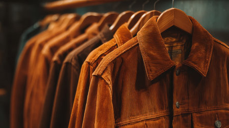 A collection of stylish corduroy jackets hangs neatly on wooden hangers in a clothing store, showcasing rich autumn colors and textures.の素材