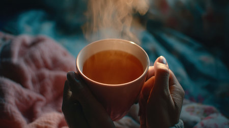 A serene scene featuring a warm drink held in cozy hands, with steam rising softly, evoking feelings of relaxation and comfort in a tranquil environment.の素材