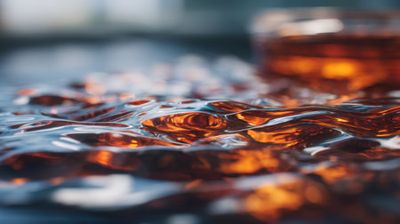 This image captures a mesmerizing closeup of rippling amber liquid, reflecting light and creating a tranquil scene ideal for backgrounds or artistic projects.の素材