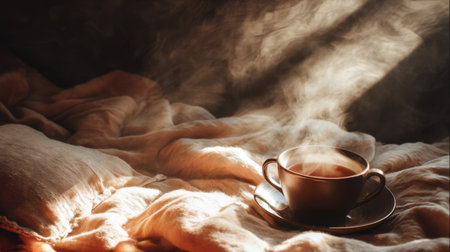 A serene image featuring a steaming cup of coffee resting on a soft blanket, illuminated by gentle sunlight, evoking warmth and comfort.の素材
