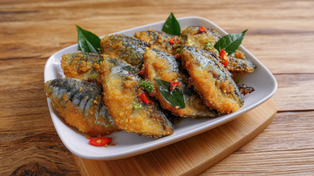Enjoy a vibrant plate of crispy fried fish garnished with fresh herbs and chili, beautifully displayed on a wooden table, ideal for seafood lovers.の素材