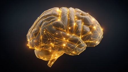 This image showcases a digital brain illuminated by glowing connections, symbolizing the intersection of science and technology for innovative thinking.の素材