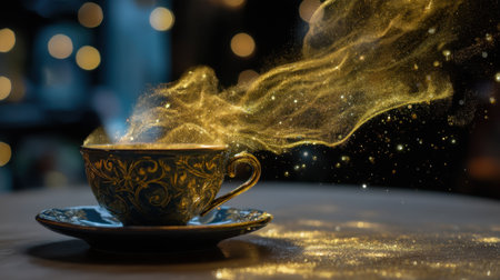 A captivating image of a decorative coffee cup with enchanting golden steam rising, set against a cozy cafe backdrop, evoking warmth and imagination.の素材