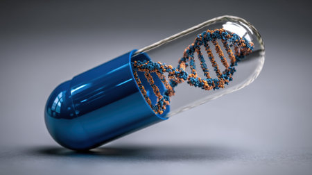 A vivid blue capsule showcases a DNA helix inside, illustrating the connection between genetics and modern medicine. This image emphasizes innovation in biotechnology and the future of health.の素材
