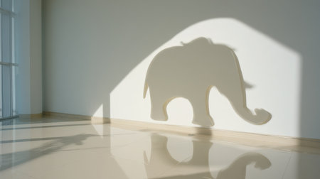 A charming shadow shaped like an elephant is projected onto a smooth wall in a modern indoor space, showcasing playfulness and creativity.の素材