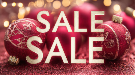 Celebrate the holiday season with vibrant red Christmas ornaments and sparkling background lights, perfect for seasonal sale promotions.の素材