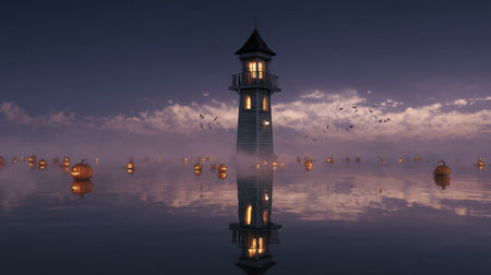 A picturesque lighthouse stands tall amidst serene waters and floating lanterns, beautifully reflecting the colorful dusk sky. Perfect for tranquil settings.の素材