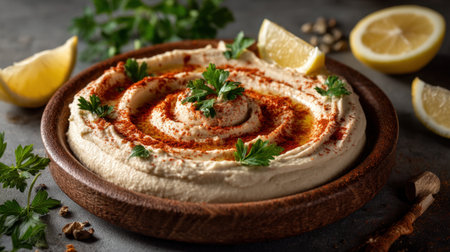 Enjoy a creamy hummus dip beautifully presented in a brown bowl, garnished with fresh herbs and vibrant lemon slices, perfect for any meal.の素材