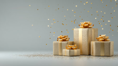 A stunning arrangement of elegant gift boxes adorned with gold ribbons, surrounded by shimmering confetti, perfect for celebrating special occasions.の素材