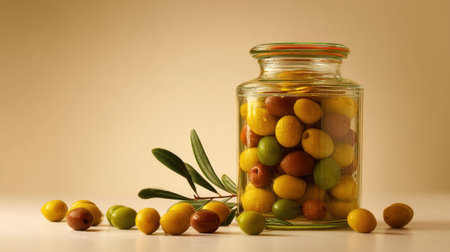 A vibrant collection of fresh olives in a glass jar, accompanied by an olive branch, showcasing healthy Mediterranean cuisine elements.の素材