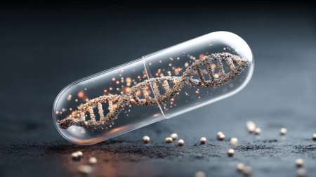 A transparent capsule encases a delicate spiral DNA strand along with shimmering particles. This image symbolizes the fusion of science, technology, and health, perfect for projects related to genetics and innovation.の素材