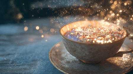 A stunning image of an ornate cup filled with herbal tea, adorned with colorful sprinkles and sparkles, perfect for emphasizing cozy moments and relaxation.の素材