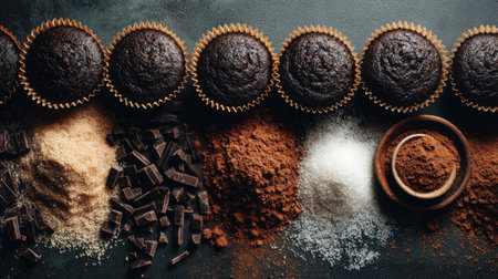 A tempting arrangement of freshly baked chocolate muffins alongside essential baking ingredients, featuring sugar, cocoa powder, and chocolate chunks.の素材