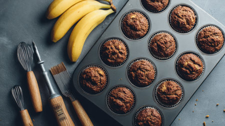 Experience the joy of baking with these freshly made banana muffins, accompanied by essential kitchen tools and ripe bananas, perfect for any home chef.の素材