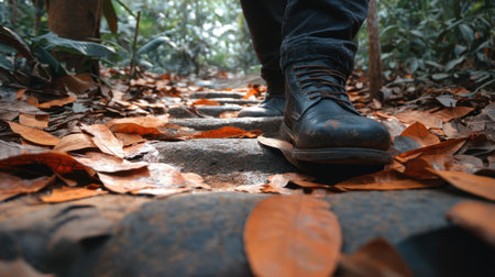 A close-up view of a person's shoes as they walk along a stone path adorned with brown leaves in a vibrant forest, showcasing nature's beauty.の素材