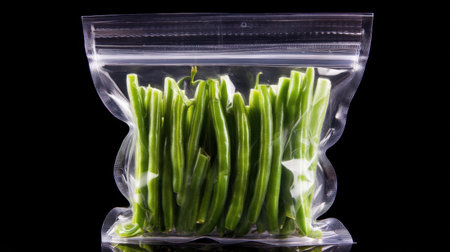 Fresh green beans are packed in a clear ziplock bag, emphasizing their vibrant color and clarity. Ideal for cooking or meal prep.の素材