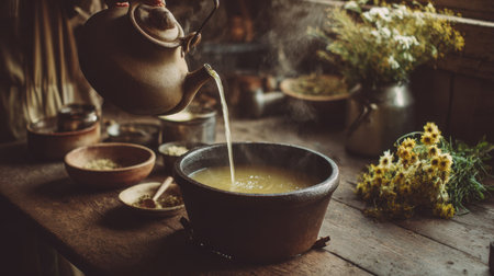 A serene scene depicting a teapot pouring a hot beverage into a rustic bowl on a wooden table, surrounded by flowers and herbs, evoking warmth and tradition.の素材