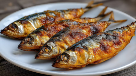 A visually striking close-up of deliciously grilled sardines, beautifully arranged on a white plate, perfect for enticing seafood lovers and foodies.の素材