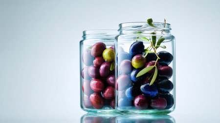 This image showcases olives in two transparent glass jars, emphasizing their rich colors and natural beauty, ideal for food and health themes.の素材
