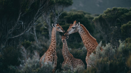 A heartwarming scene captures three giraffes amid lush greenery, showcasing the bond between mother and calf in a tranquil natural setting.の素材