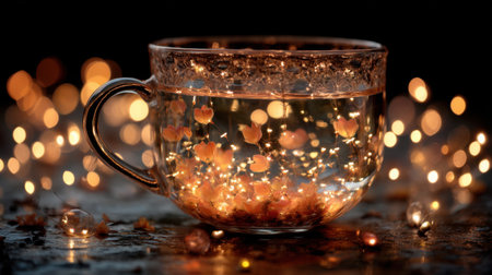 A mesmerizing glass cup filled with water and illuminated by soft, floating lights. The bokeh background enhances the dreamy, tranquil atmosphere.の素材