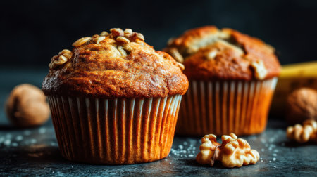 Indulge in these freshly baked muffins topped with walnuts, showcasing a mix of textures and flavors against a rustic backdrop. Perfect for desserts!の素材