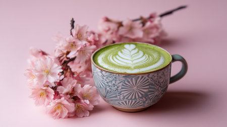 A beautiful matcha latte served in a decorative cup, surrounded by delicate pink cherry blossom flowers, on a pastel pink background.の素材