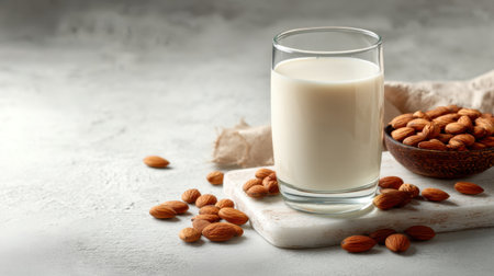 A refreshing glass of creamy almond milk sits alongside a bowl of raw almonds on a rustic surface, highlighting a healthy and dairy-free lifestyle.の素材