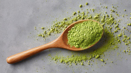 An inviting image of green matcha powder in a wooden spoon, resting on a textured gray surface, perfect for healthy cooking and beverage preparation.の素材