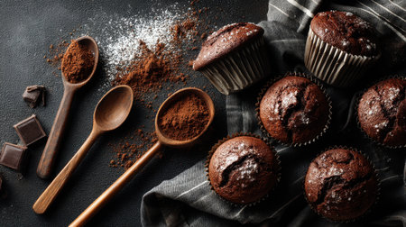 Indulge in the richness of freshly baked chocolate muffins, surrounded by cocoa powder and wooden utensils, perfect for any food lover's enjoyment.の素材