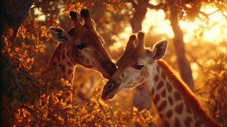 Two giraffes share a tender moment against a stunning golden sunset in the African savanna, surrounded by lush greenery, creating a serene atmosphere.の素材