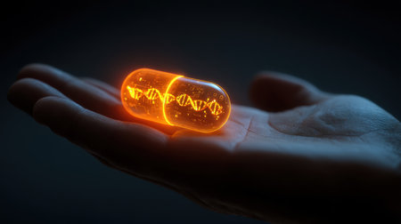 A captivating digital representation of a glowing capsule held in a hand, symbolizing breakthroughs in biotechnology and genetic studies.の素材