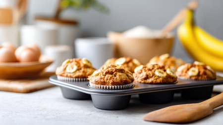 These freshly baked banana muffins are crafted in a modern kitchen, surrounded by ingredients like eggs and bananas, showcasing culinary creativity and warmth.の素材