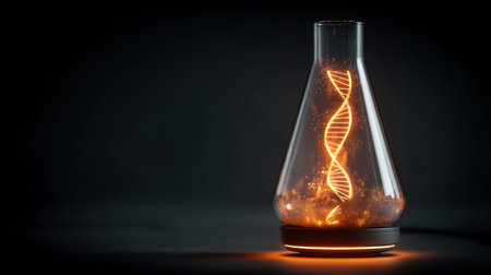 A captivating laboratory flask featuring a glowing DNA helix, surrounded by sparkles against a dark background, symbolizing scientific discovery and innovation.の素材