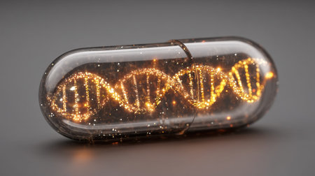 A captivating translucent capsule containing a glowing DNA helix symbolizes breakthroughs in genetic research and biotechnology innovations.の素材