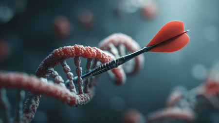 A striking image of a dart embedded in a DNA strand, symbolizing precision targeting in genetic research and advancements in biotechnology.の素材