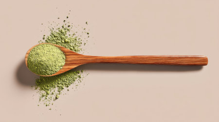 A close-up view of green herbal powder elegantly resting on a wooden spoon, with scattered powder on a simple beige background. Perfect for wellness.の素材