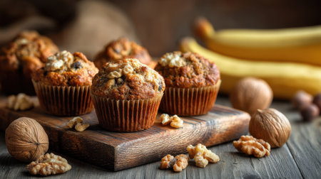 A collection of freshly baked muffins made with bananas and walnuts displayed on a rustic wooden board, creating a warm, inviting atmosphere perfect for a cozy kitchen scene.の素材