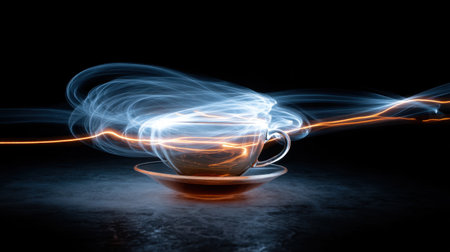 An artistic composition featuring a coffee cup surrounded by swirling light trails in a dark setting, evoking a sense of motion and serenity.の素材