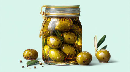 A vibrant image of fresh green olives preserved in a glass jar with spices and olive oil, perfect for culinary use and healthy snacking.の素材