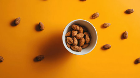 A vibrant setup featuring a bowl of almonds atop a bright yellow background, ideal for showcasing healthy snack options and food creativity.の素材