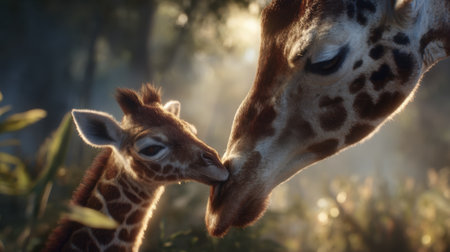 A touching scene captures the bond between a mother giraffe and her baby in a peaceful forest. The soft light enhances their affectionate moment and highlights the beauty of wildlife.の素材