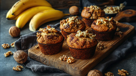 A delightful arrangement of freshly baked banana muffins topped with walnuts, placed on a rustic wooden board, accompanied by ripe bananas and nuts, showcasing a perfect blend of textures and flavors.の素材