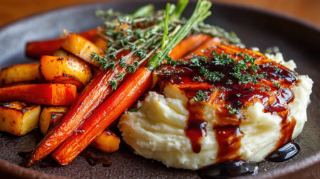 A beautifully arranged plate featuring creamy mashed potatoes, glazed carrots, and sprinkled herbs captures the essence of comfort food.の素材