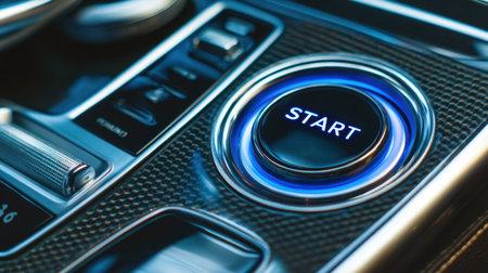 A detailed close-up view of a modern car ignition button illuminated with blue light, showcasing luxury vehicle interior features and design.の素材