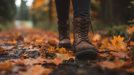 A person walks on a leaf-covered trail, showcasing rustic brown boots amidst vibrant autumn foliage, capturing the essence of fall serenity.の素材