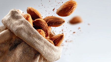 Vibrant image of fresh almonds spilling from a burlap sack, showcasing their rich color and texture against a soft gradient backdrop.の素材