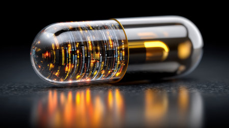 This captivating image showcases a transparent capsule filled with glowing particles, symbolizing the intersection of technology and healthcare innovation.の素材