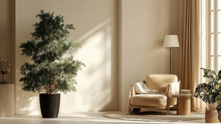 A stylish modern living room featuring a cozy armchair, a green plant, soft lighting, and a neutral color palette, creating a warm and inviting atmosphere.の素材